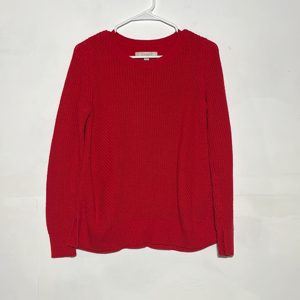 LOFT Red Chunky Knit Ribbed Detail Crewneck Sweater Size S